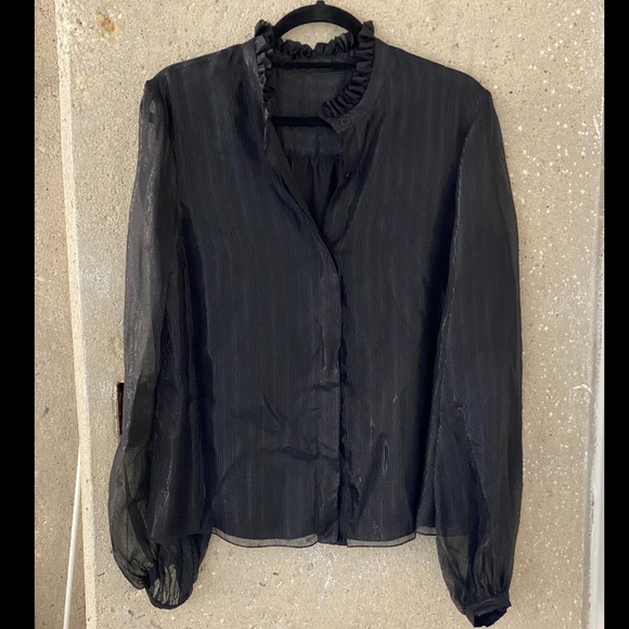 Longchamp glitter blouse L button-up puff-sleeve - Picture 2 of 7